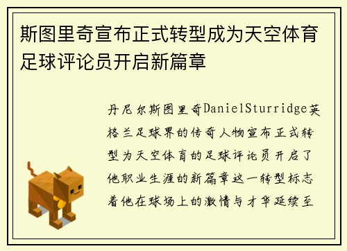 斯图里奇宣布正式转型成为天空体育足球评论员开启新篇章 斯图里奇宣布正式转型成为天空体育足球评论员开启新篇章