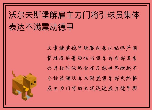 沃尔夫斯堡解雇主力门将引球员集体表达不满震动德甲 沃尔夫斯堡解雇主力门将引球员集体表达不满震动德甲